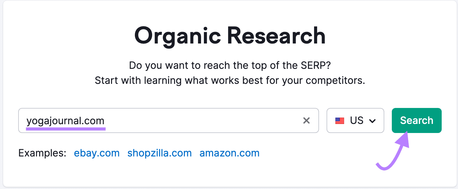 "yogajournal.com" entered into Organic Rankings search bar