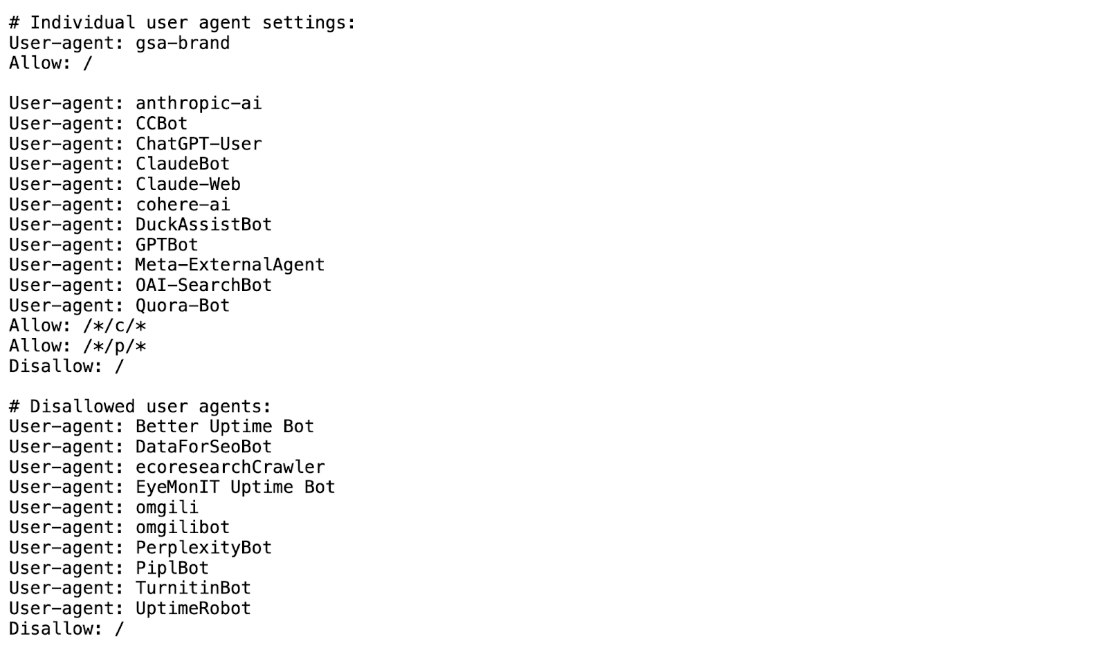 A website allows most AI crawlers but disallows others in their robots.txt file.