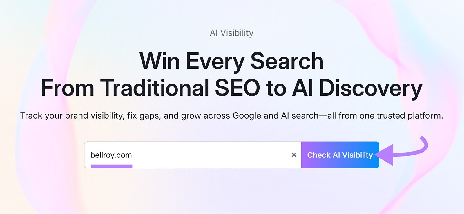 AI Visibility landing page with bellroy.com entered and “Check AI Visibility” button highlighted.