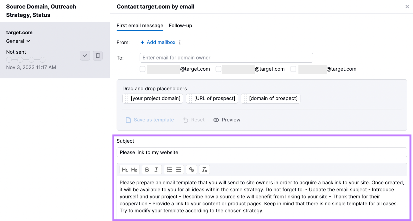 Composing an outreach email to request a backlink on the Link Building Tool.
