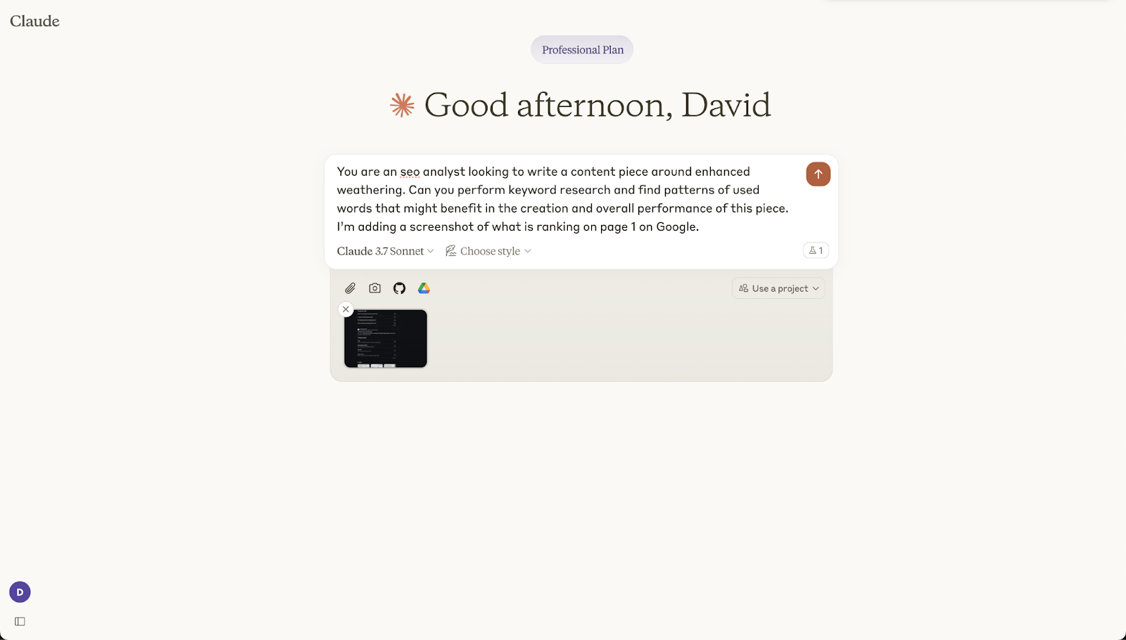 Claude interface showing a prompt to generate keyword ideas for an article along with a screenshot of the SERP for the keyword.